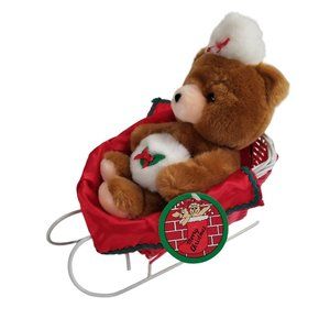 Christmas Plush Bear in Sleigh Stuffed Animal Toy Jerry Elsner 1987 with Tag 80s